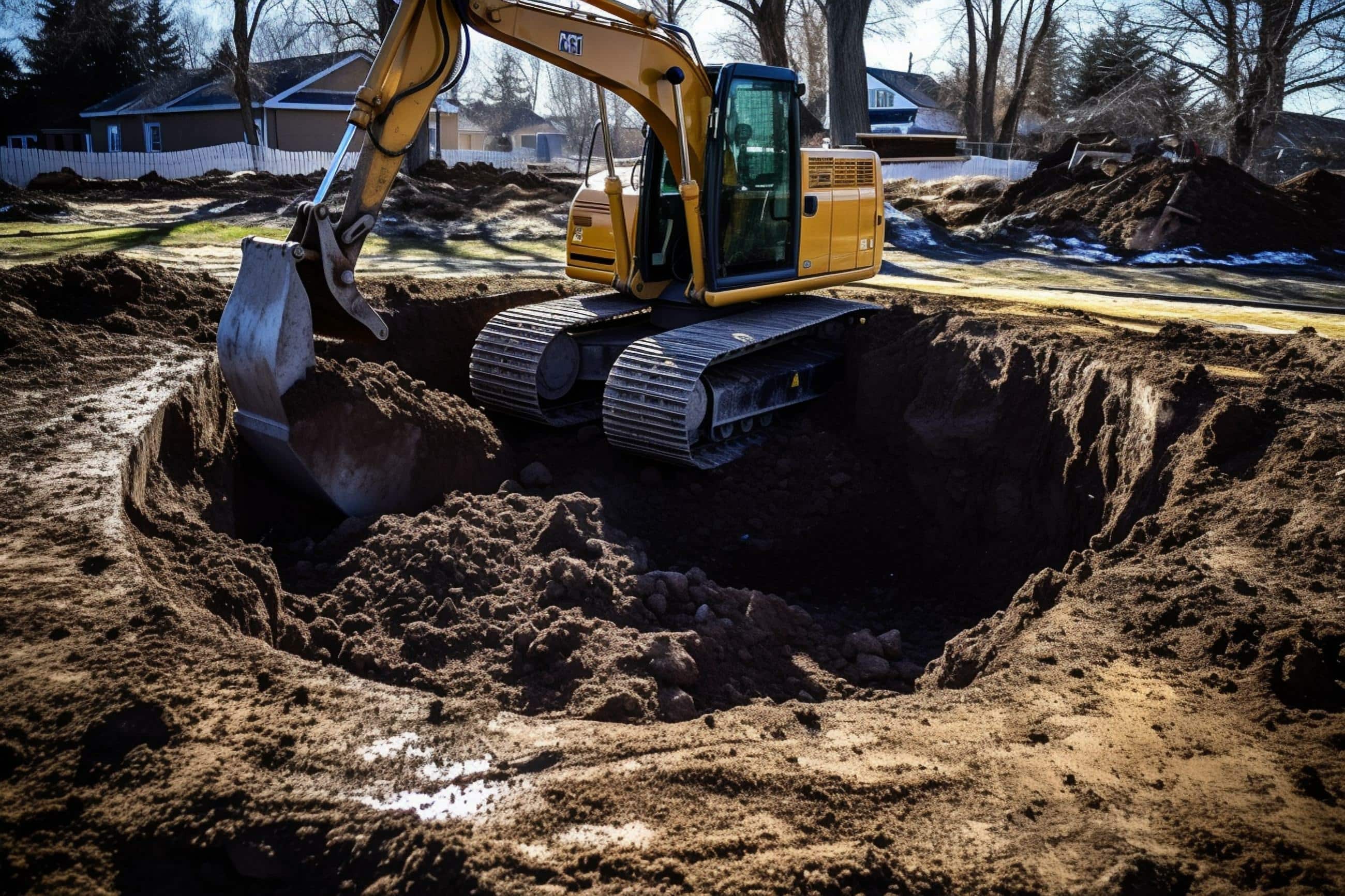 Excavator digs hole for plumbing and septic tank installation. Generative AI Appalachian Landscaping mowing