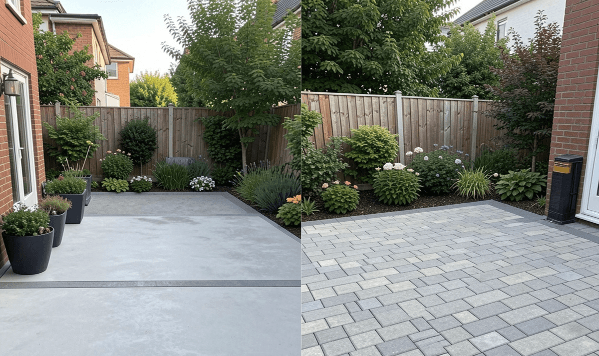 Concrete-patio-next-to-a-paver-patio-comparison-in-an-East-Tennessee-backyard
