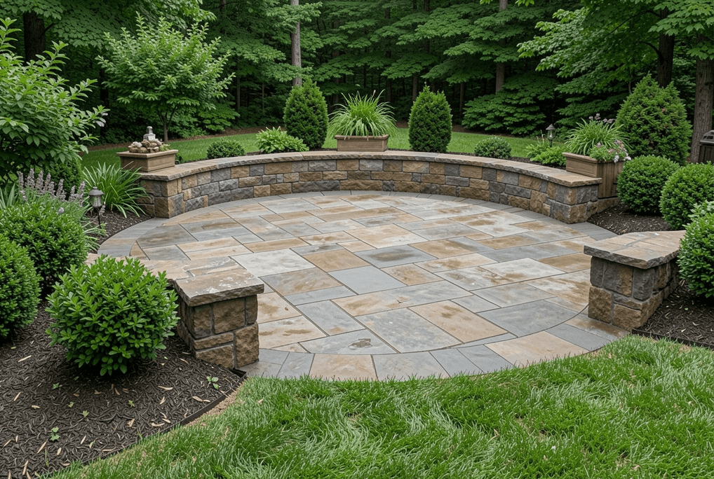 Newly installed paver patio with fire pit in a Tennessee backyard