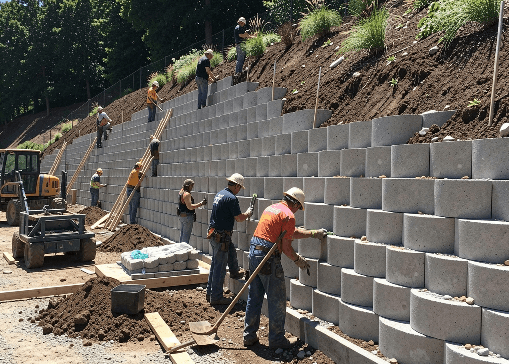 Concrete block retaining wall installed on a sloped Tennessee property