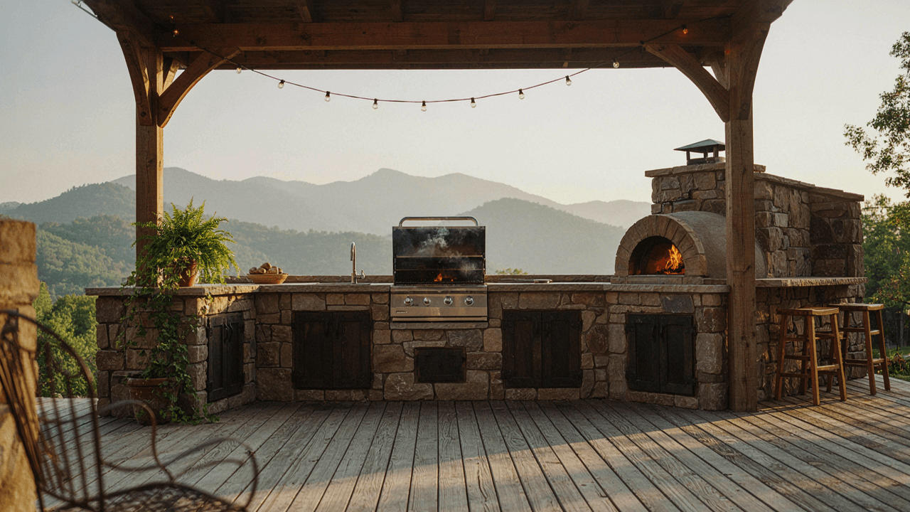 Stone and timber outdoor kitchen ideas for a Tennessee mountain cabin