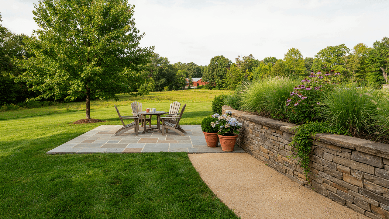 Stone patio with plants showing the difference between hardscaping and landscaping