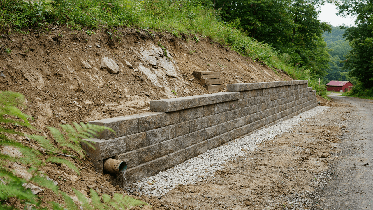 Stone retaining wall built on a sloped East Tennessee yard